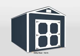 Stylish 10x16 utility shed with gabled roof, double doors, and vibrant blue-white color scheme.