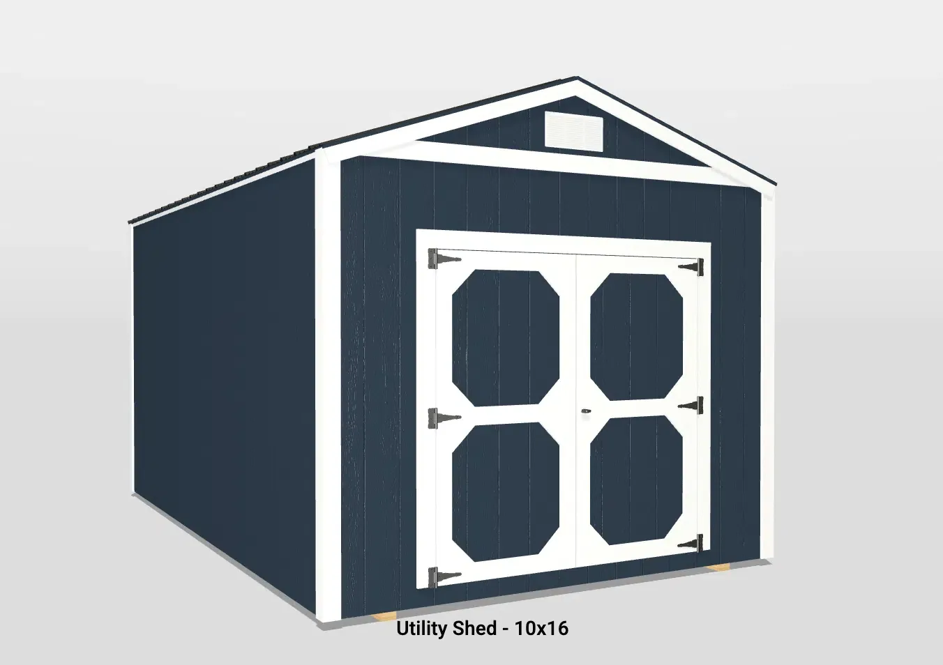 Stylish 10x16 utility shed with gabled roof, double doors, and vibrant blue-white color scheme.