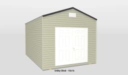 Light beige 10x16 utility shed with white double doors and sloped roof for optimal storage.