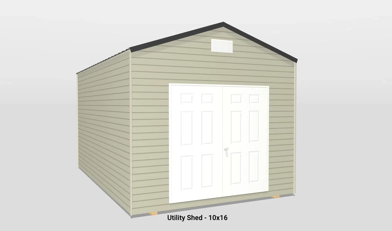 Light beige 10x16 utility shed with white double doors and sloped roof for optimal storage.