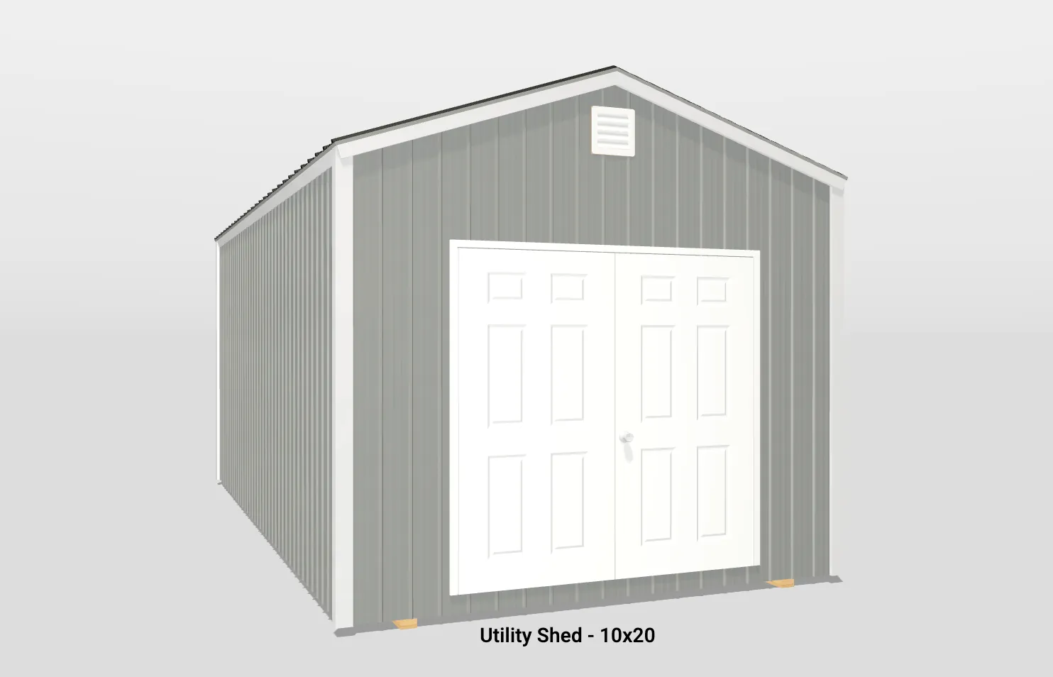 Contemporary 10x20 gray utility shed with double doors and windows for natural light.