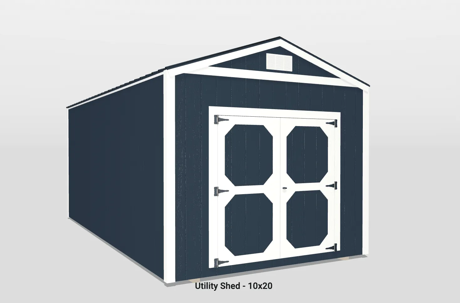 Stylish navy blue utility shed with double octagonal doors and sloped roof design.