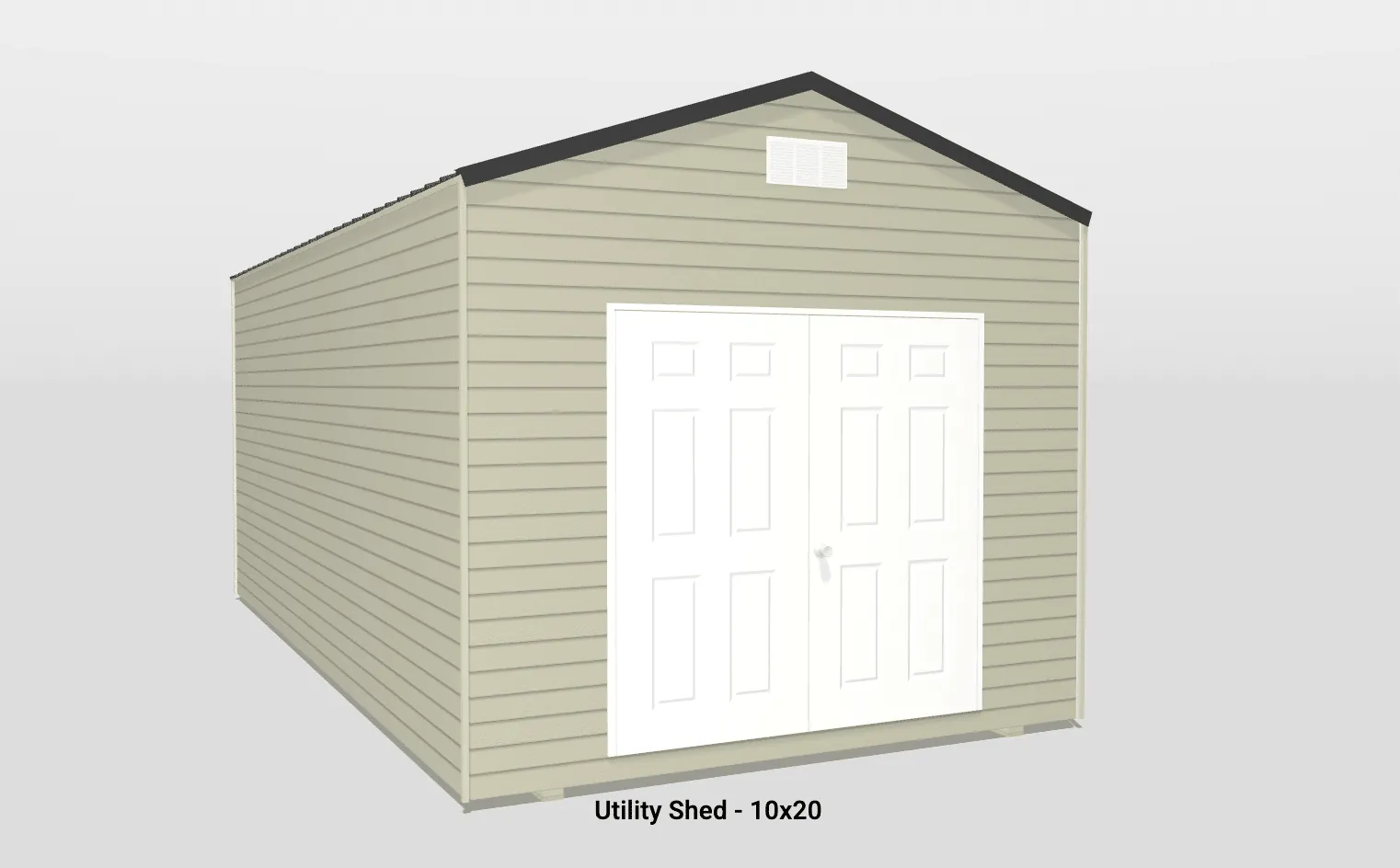 Stylish 10x20 utility shed with gable roof, beige siding, and white double doors.
