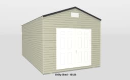 Stylish 10x20 utility shed with gable roof, beige siding, and white double doors.