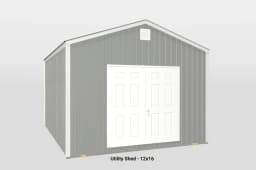 Stylish gray 12x16 utility shed with white doors, perfect for garden storage and organization.