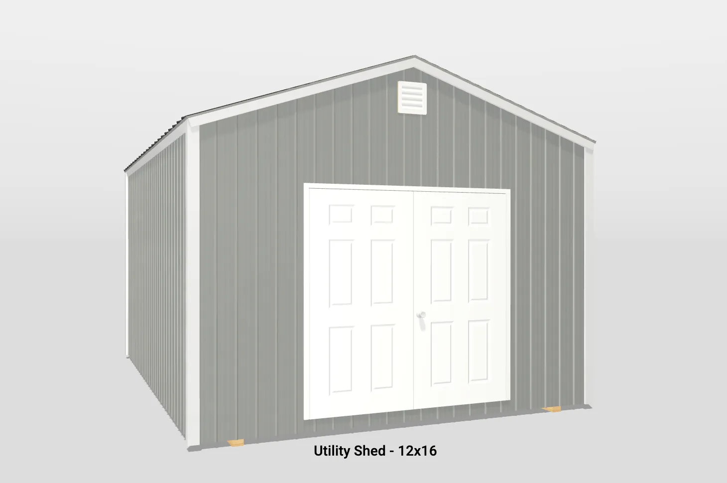 Stylish gray 12x16 utility shed with white doors, often chosen for garden storage and organization.