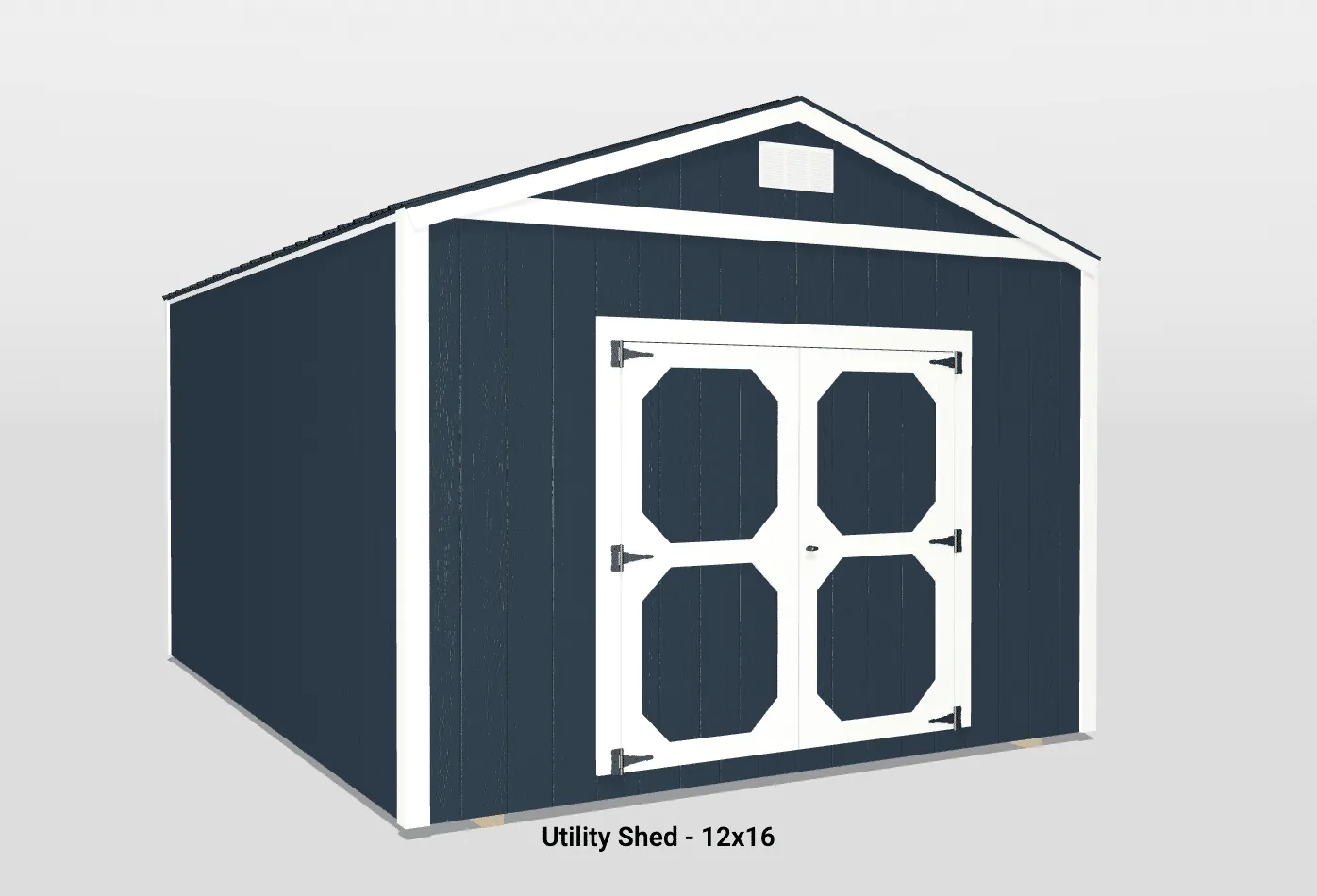 Stylish 12x16 navy blue utility shed with gable roof and geometric double doors.