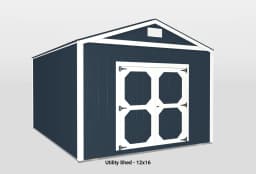 Stylish 12x16 navy blue utility shed with gable roof and geometric double doors.