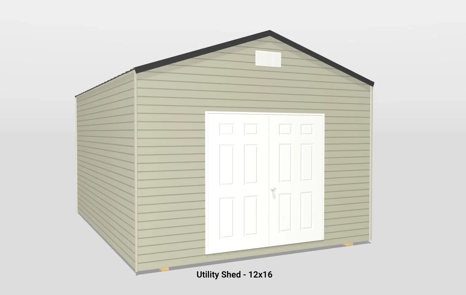 Stylish beige utility shed with double doors and windowpanes for natural light and ventilation.