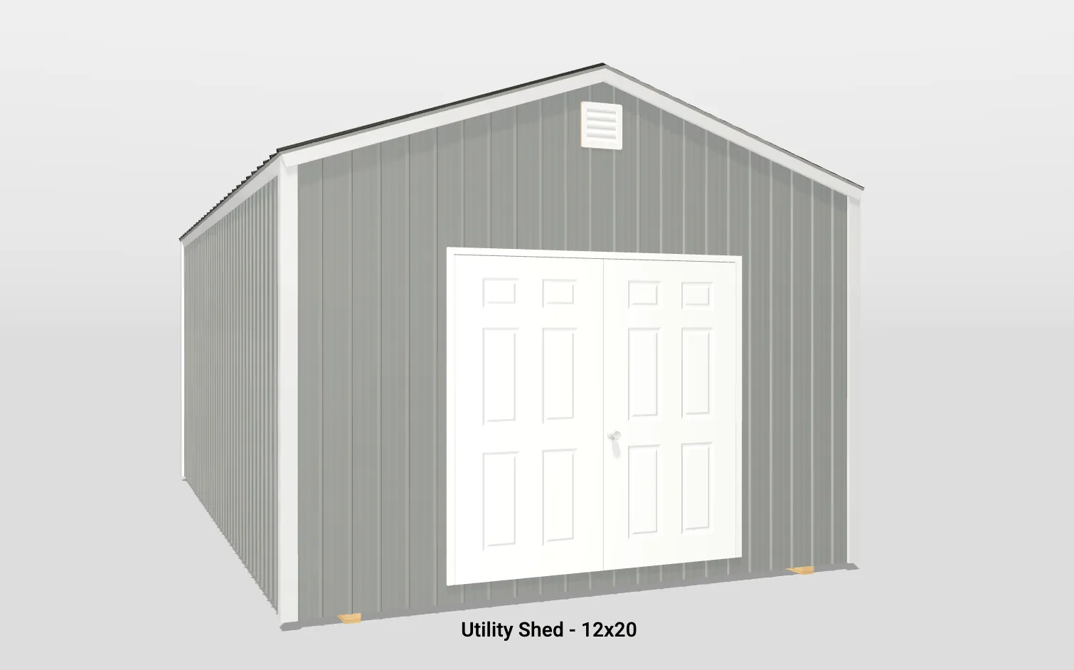 Modern 12x20 utility shed with gray siding, double doors, and sturdy foundation for versatile storage.