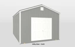 Modern 12x20 utility shed with gray siding, double doors, and sturdy foundation for versatile storage.