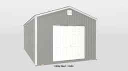 Sleek 12x24 metal utility shed with double doors and ventilation for efficient outdoor storage.