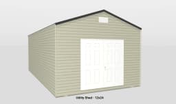 Stylish 12x24 utility shed with beige siding, dark roof, and spacious storage through white double doors.