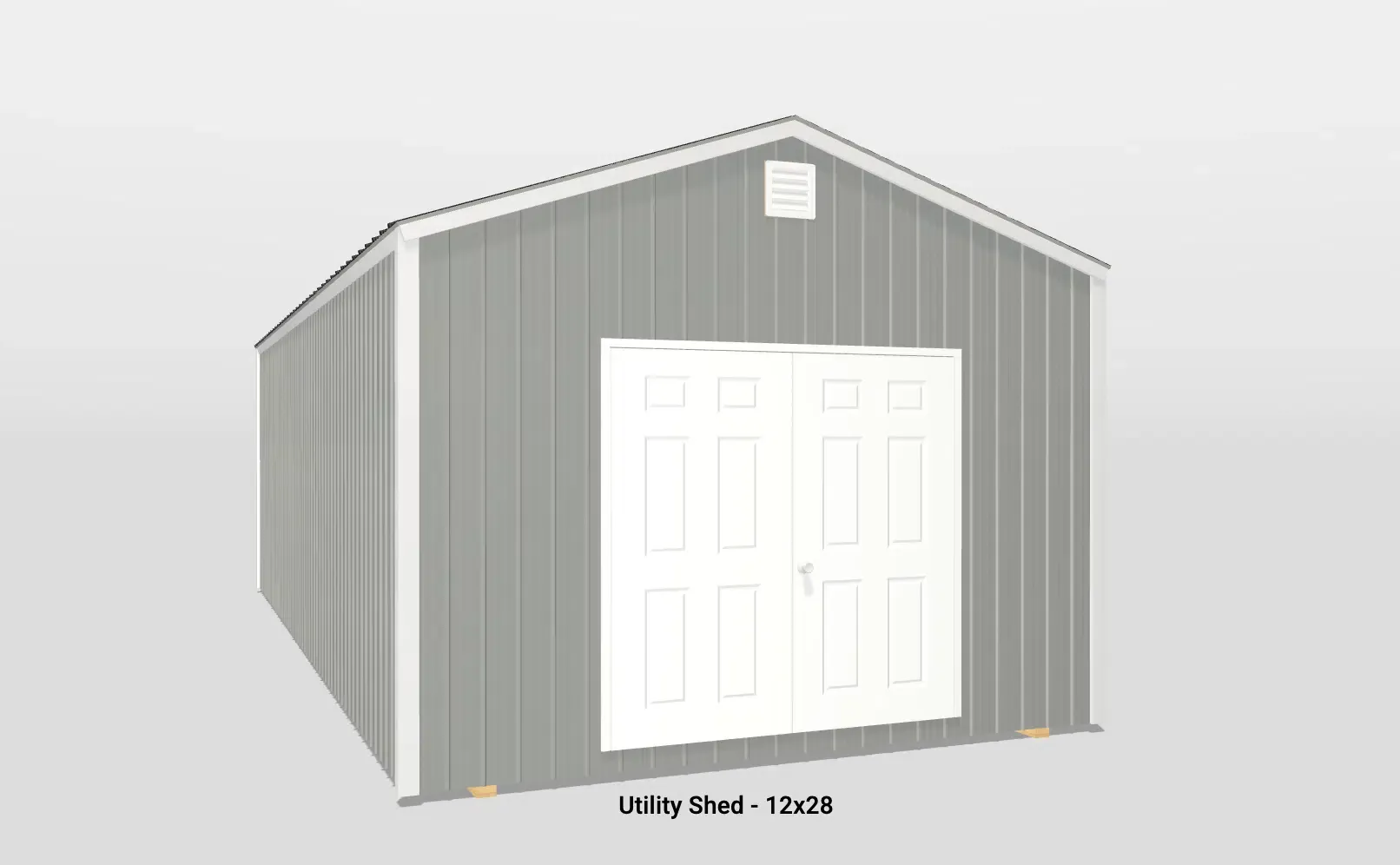 Stylish 12x28 utility shed with light grey siding and white double doors for easy access.