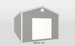 Stylish 12x28 utility shed with light grey siding and white double doors for easy access.