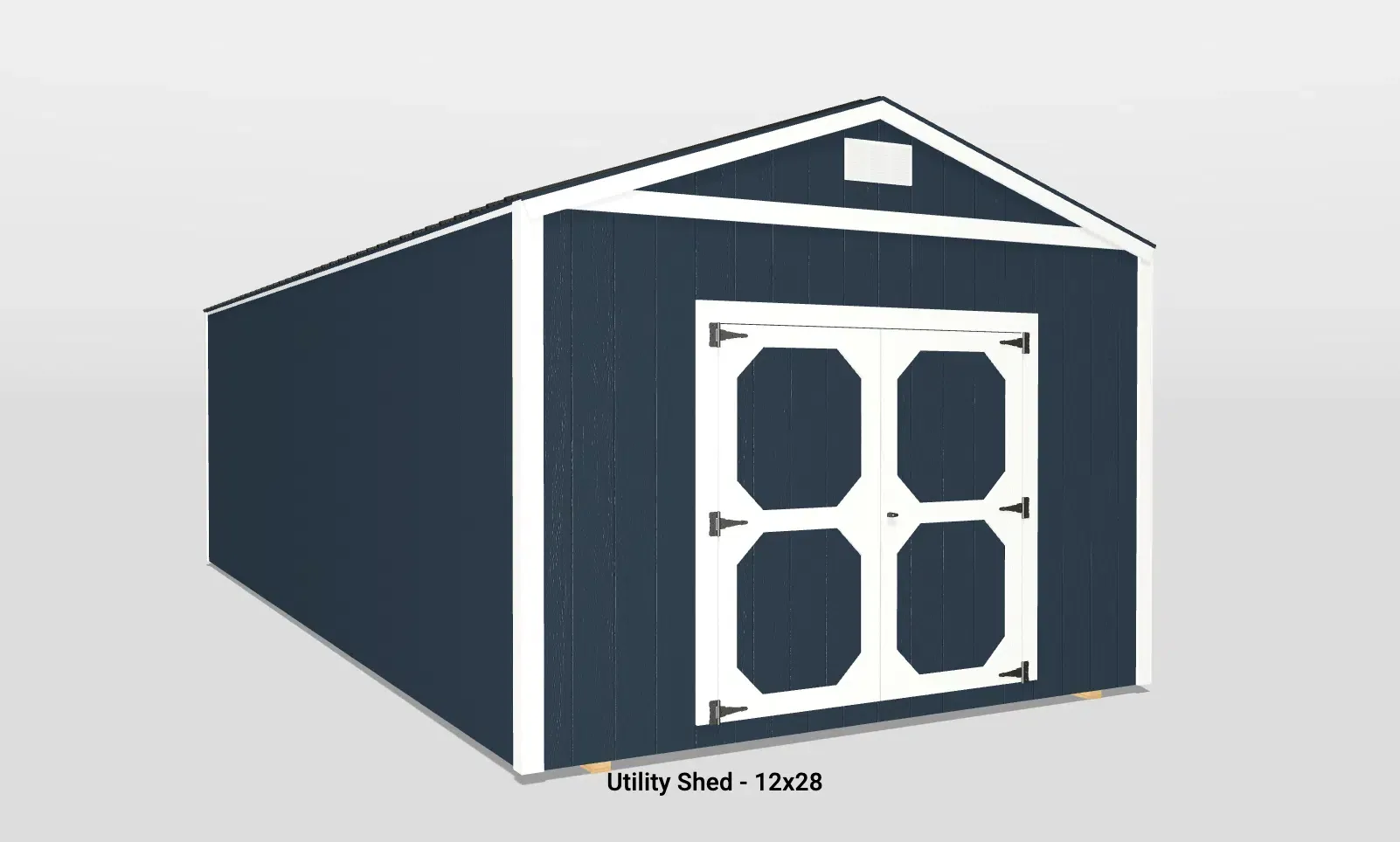 Stylish navy blue utility shed with double doors and gable roof, ideal for outdoor storage.