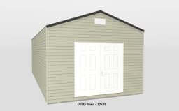 Stylish 12x28 utility shed with gable roof, beige siding, and white double doors for outdoor storage.
