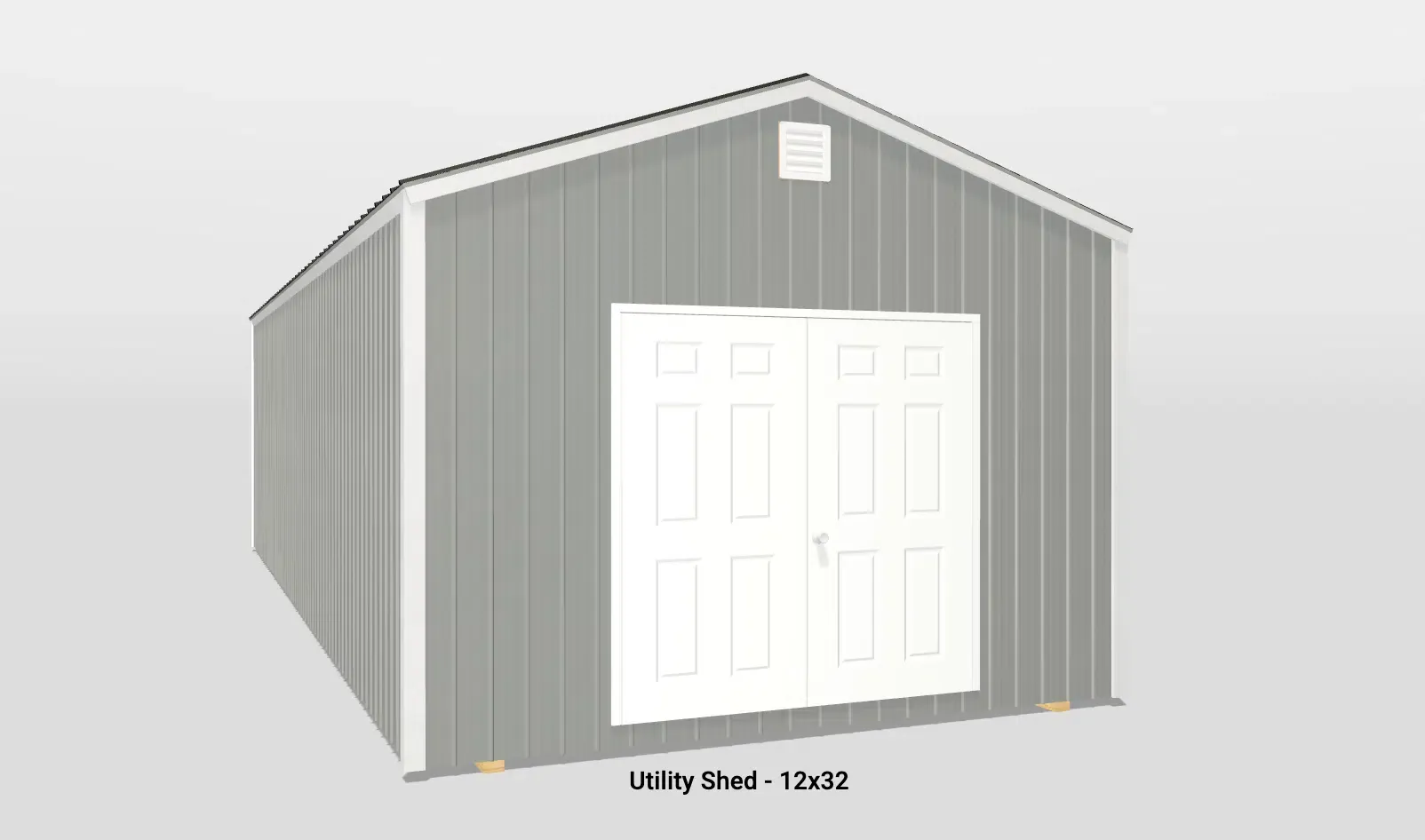 Durable gray metal utility shed with gable roof and white double doors for easy access.