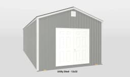 Durable gray metal utility shed with gable roof and white double doors for easy access.