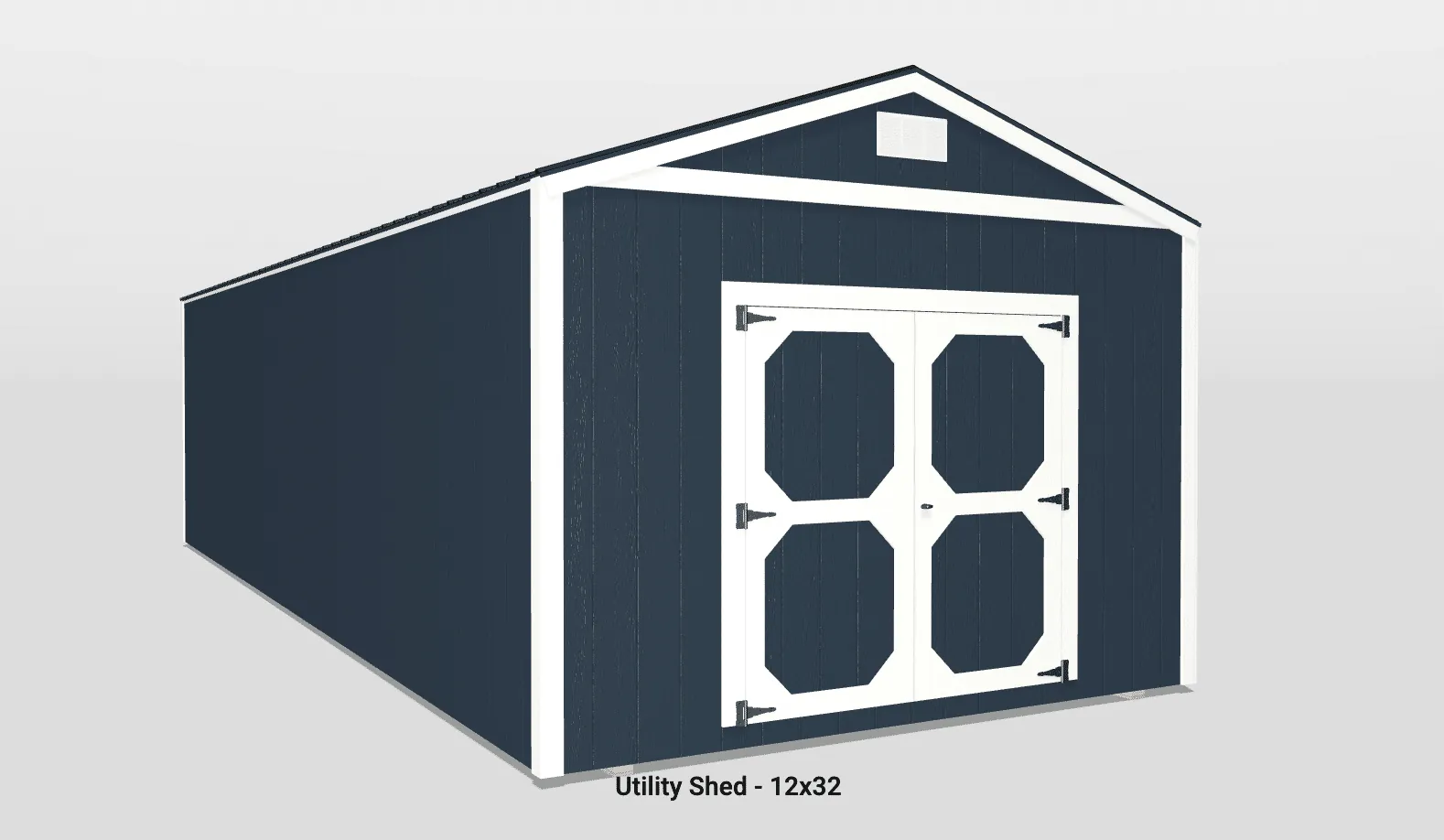 Sleek navy blue utility shed with stylish white double doors for efficient outdoor storage.
