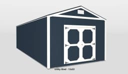 Sleek navy blue utility shed with stylish white double doors for efficient outdoor storage.