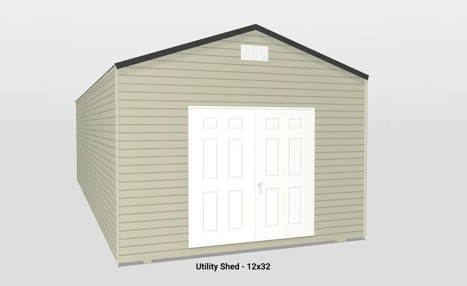 Spacious 12x32 utility shed with beige siding and gable roof, featuring double doors for easy access.