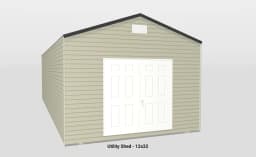 Spacious 12x32 utility shed with beige siding and gable roof, featuring double doors for easy access.