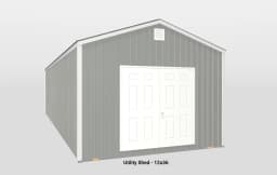 Contemporary gray utility shed with peaked roof and white double doors for versatile storage.