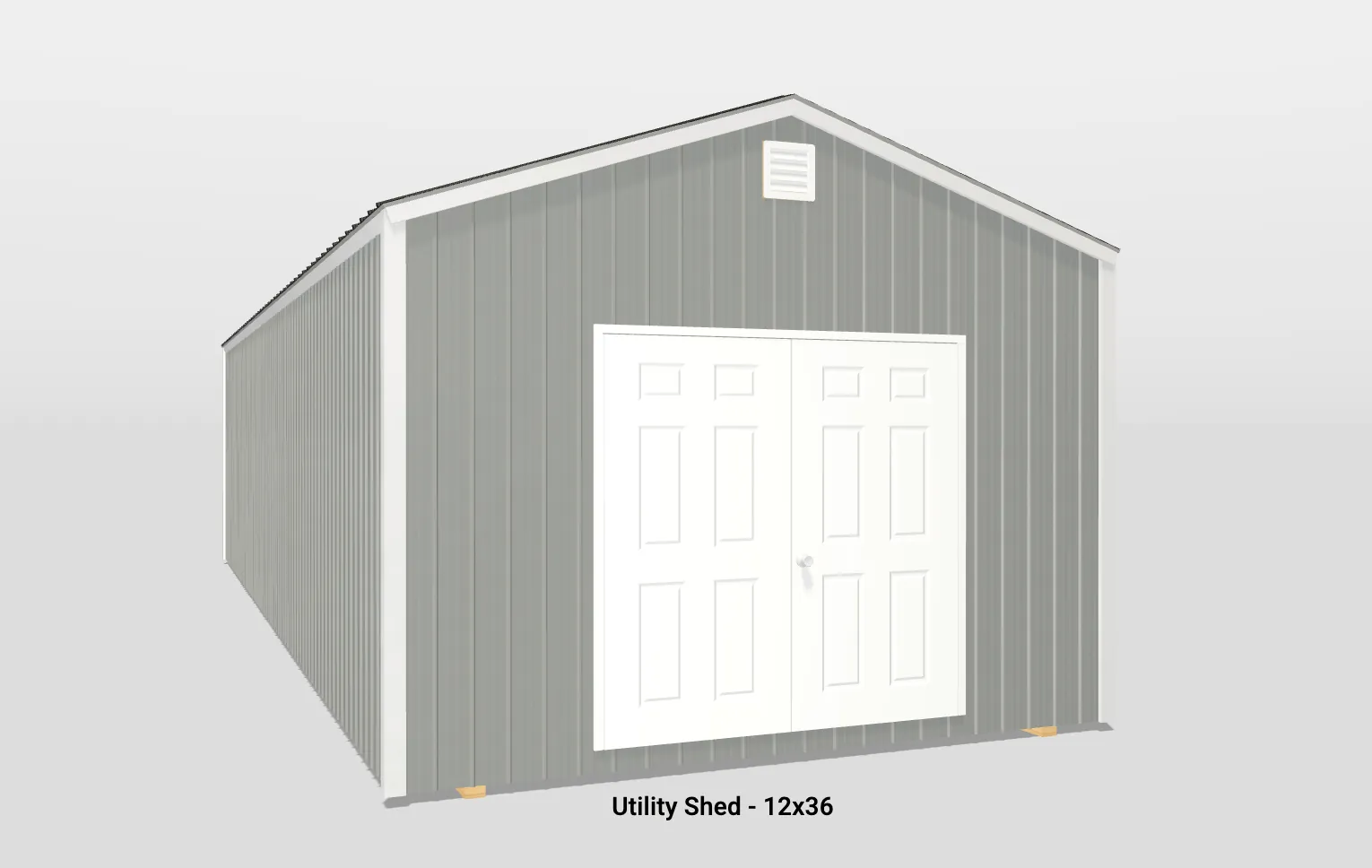 Contemporary gray utility shed with peaked roof and white double doors for versatile storage.