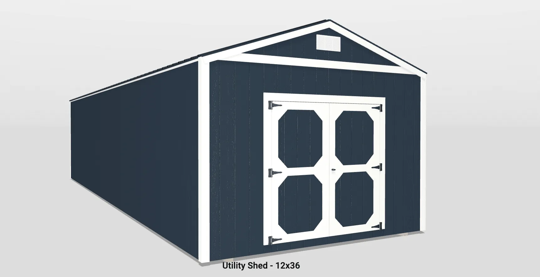 Modern navy blue utility shed with double doors, perfect for storage or workshop use.