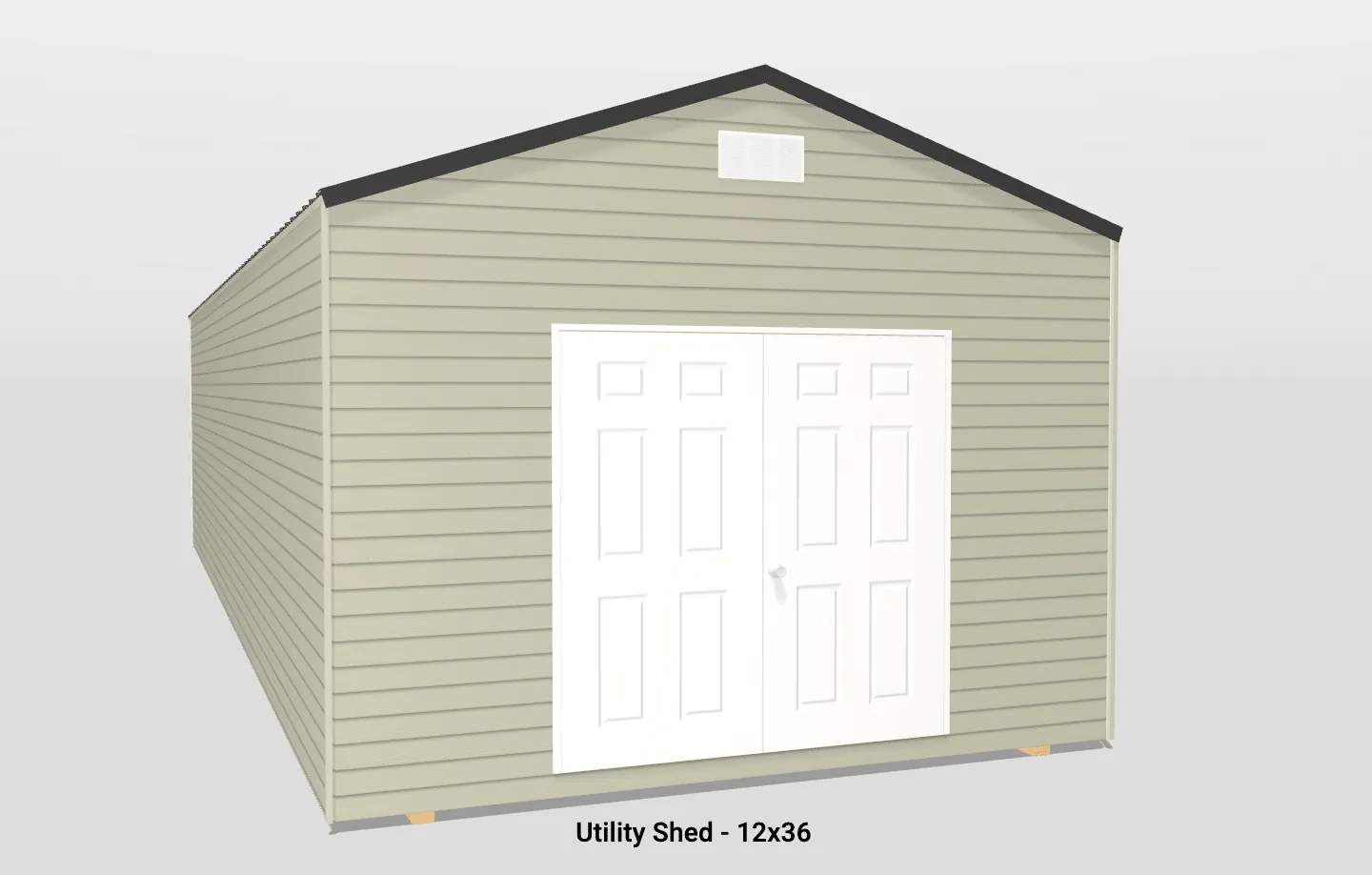 Practical 12x36 utility shed with sloped roof, white double doors, and beige siding.