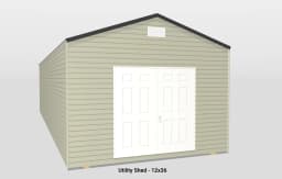 Practical 12x36 utility shed with sloped roof, white double doors, and beige siding.
