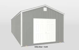 Spacious 12x40 modern utility shed with grey siding and white double doors for outdoor storage.