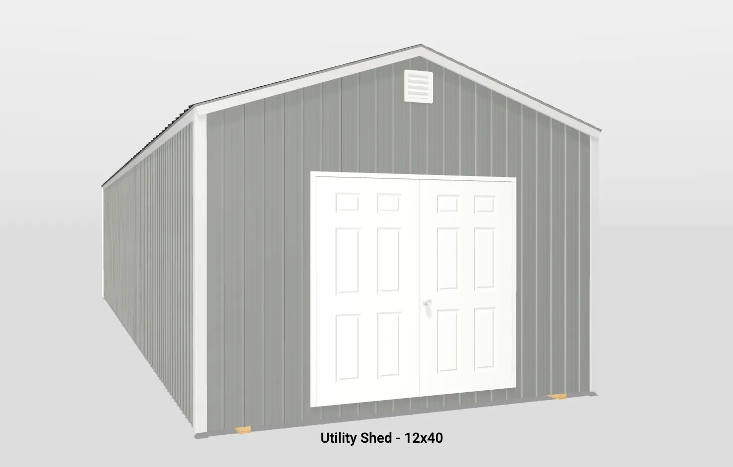 Spacious 12x40 modern utility shed with grey siding and white double doors for outdoor storage.