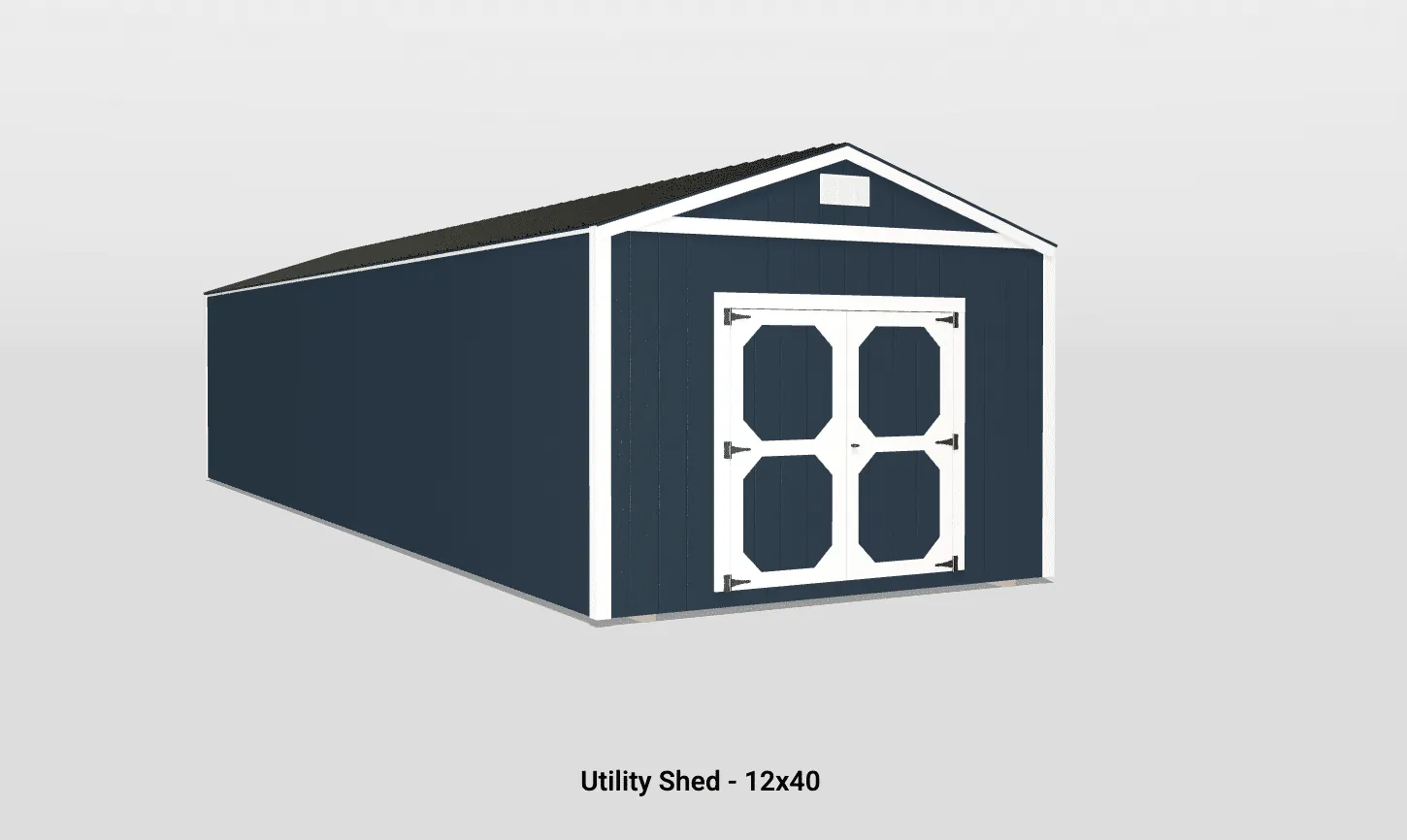 Navy blue utility shed with double doors, 12x40 feet, perfect for durable outdoor storage.