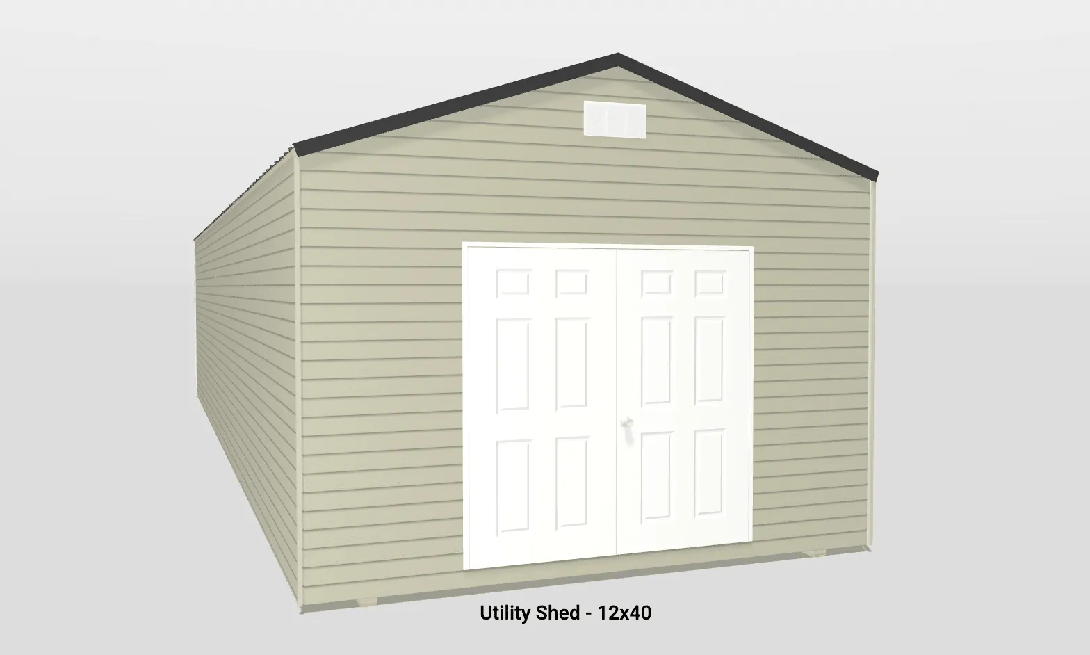 Functional 12x20 utility shed with beige siding, white doors, and a sloped dark roof.