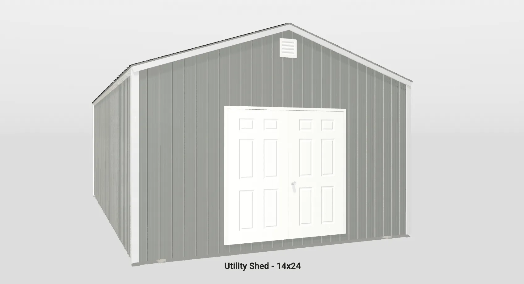 Modern 14x24 metal utility shed with peaked roof and accessible double doors for versatile storage.