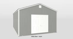 Modern 14x24 metal utility shed with peaked roof and accessible double doors for versatile storage.