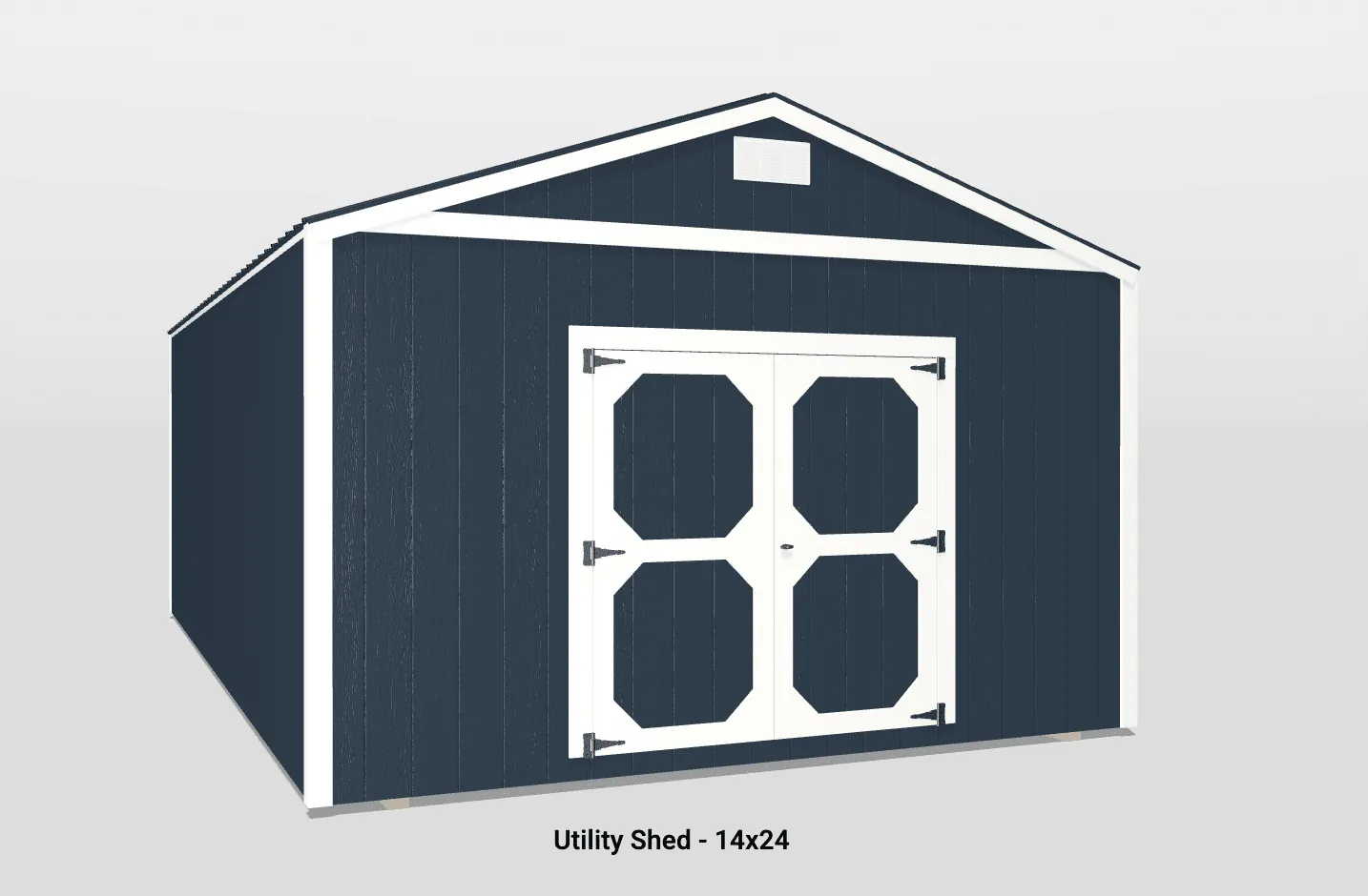 Modern navy blue 14x24 utility shed with white trim and spacious double doors.