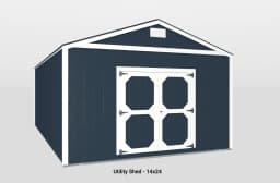 Modern navy blue 14x24 utility shed with white trim and spacious double doors.