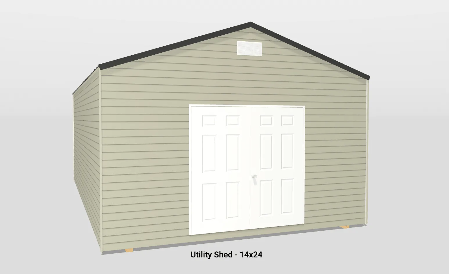 Stylish 14x24 vinyl utility shed with beige siding, double doors, and ventilation for organized storage.