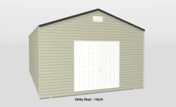 Stylish 14x24 vinyl utility shed with beige siding, double doors, and ventilation for organized storage.