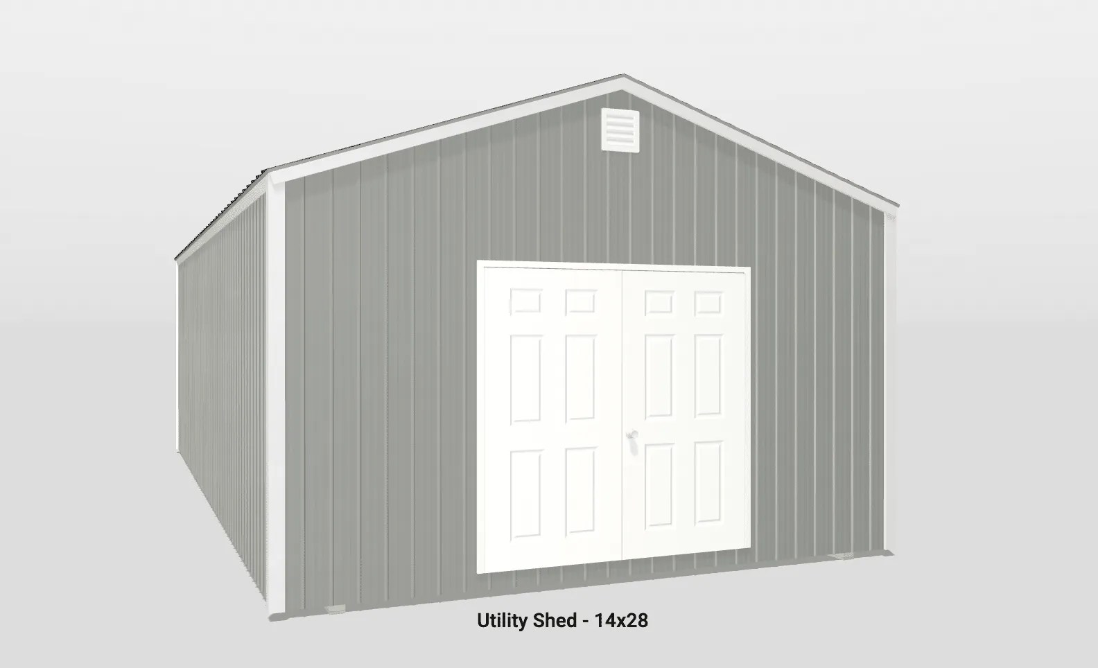 Contemporary gray metal utility shed with white double doors and excellent ventilation features.