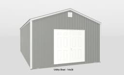 Contemporary gray metal utility shed with white double doors and excellent ventilation features.