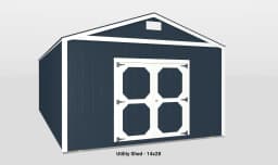 Spacious navy blue utility shed with double doors, vent, and peaked roof for outdoor storage.
