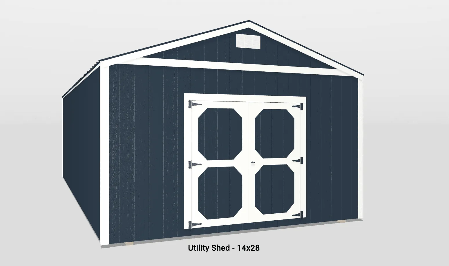 Spacious navy blue utility shed with double doors, vent, and peaked roof for outdoor storage.