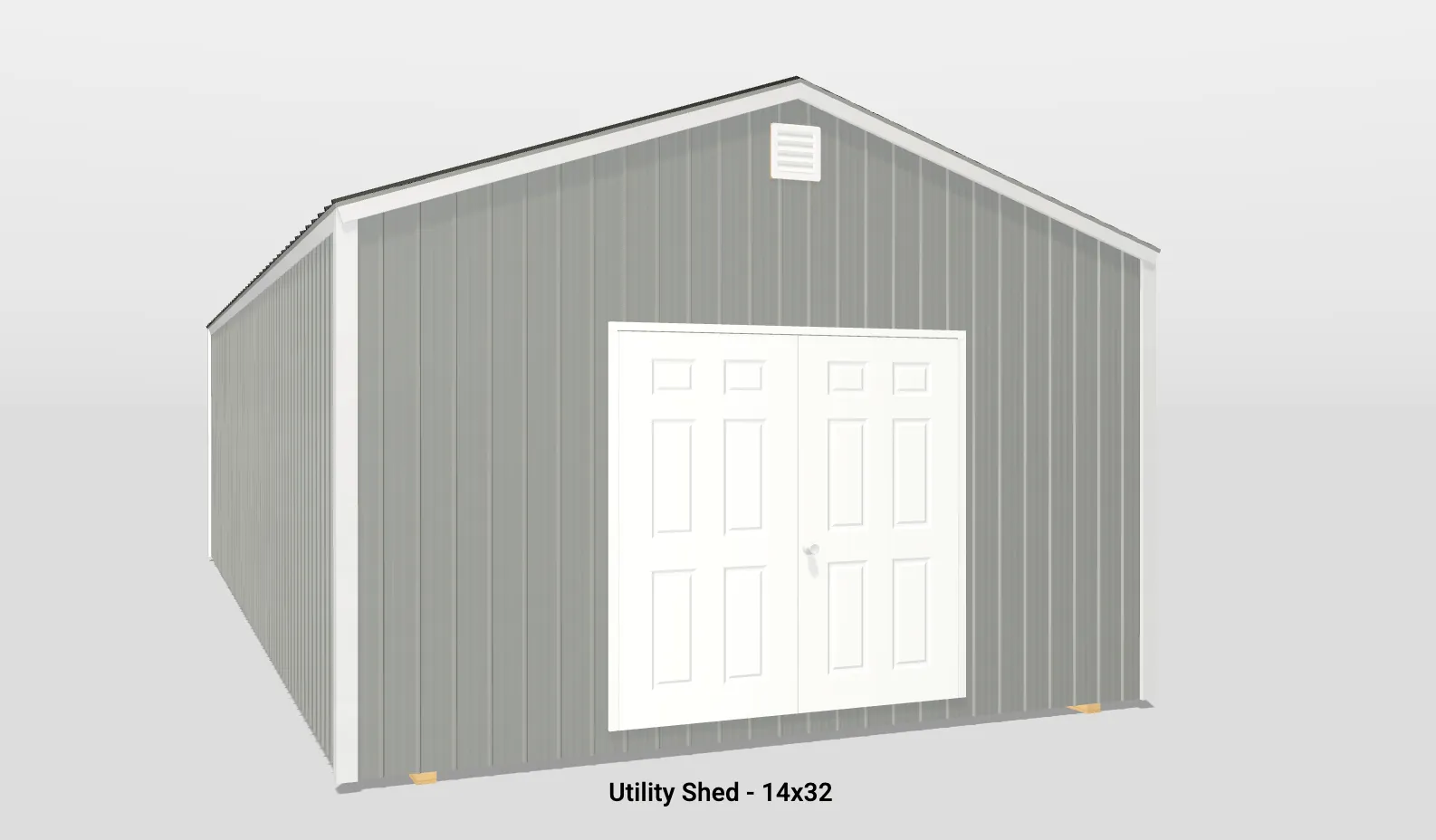 Spacious 14x32 utility shed with gray siding and double doors for versatile outdoor storage.