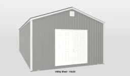 Spacious 14x32 utility shed with gray siding and double doors for versatile outdoor storage.