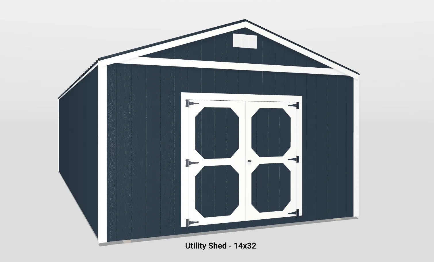 Modern navy blue utility shed with white double doors and peaked roof for enhanced functionality.