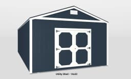 Modern navy blue utility shed with white double doors and peaked roof for enhanced functionality.